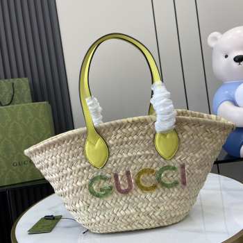 Uubags | Gucci small straw tote bag with G logo in yellow leather trim 20.5x19.5x13cm