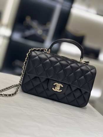 Uubags | Chanel mini black flap bag lambskin leather with top handle 20x6x13cm