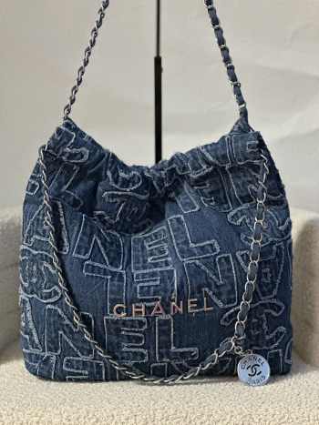 Uubags | Chanel denim blue tote bag with silver tone 35x37x7cm