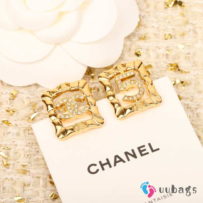 Uubags | Chanel Earrings Metal and Stone Beads Metallic Gold & Transparent Color - 1