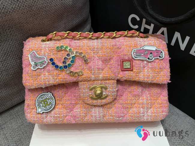 Uubags | Chanel limited edition pink flap bag tweed with many stickers attached 20cm - 1