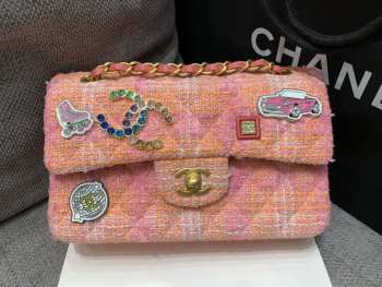 Uubags | Chanel limited edition pink flap bag tweed with many stickers attached 20cm