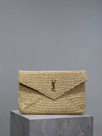 Uubags | YSL Cassandre large Envelope pouch in raffia natural bag 29.5x18x4.5cm