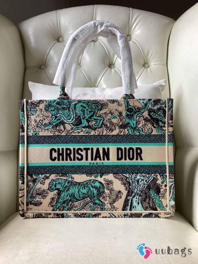 Uubags | Dior Toile De Jouy Canvas Book Tote Bag In Green/Beige 26x8x22cm - 1