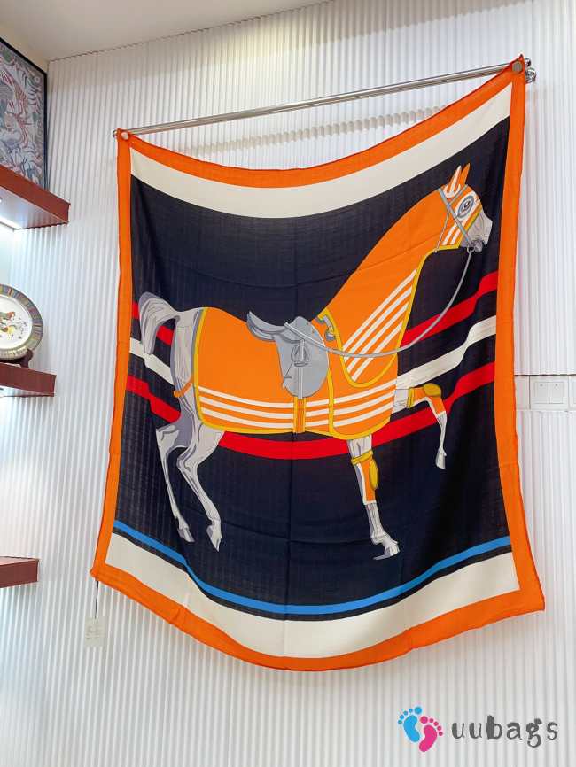 Uubags | Hermes silk cheval a la couverture blue/orange cashmere shawl 140x140cm - 1