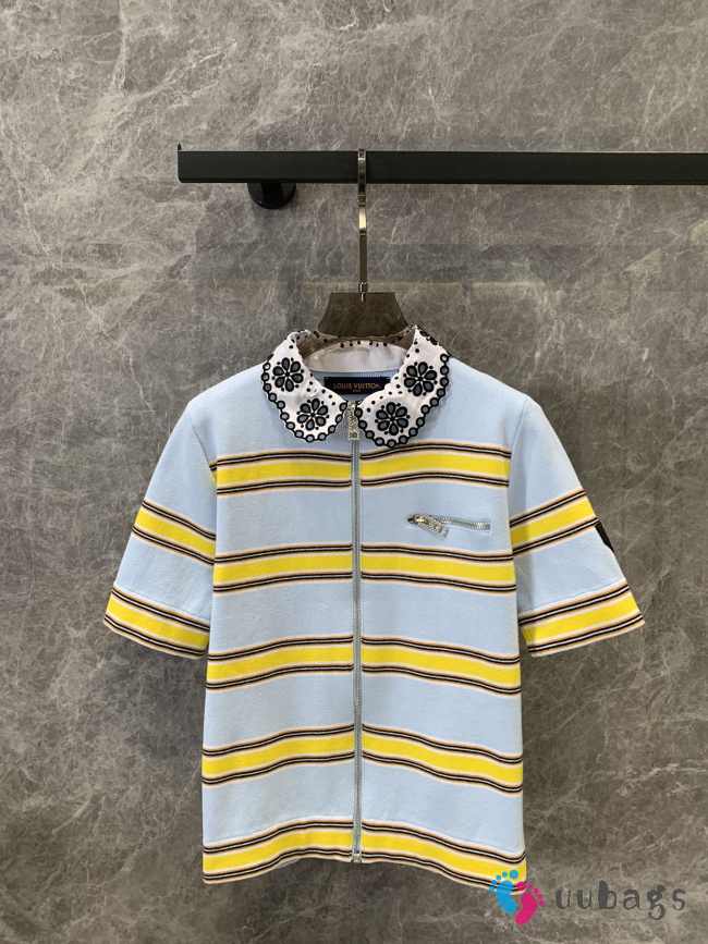 Uubags | Louis Vuitton 1AFUAB Collar Detail Striped Knit Top In Sky blue - 1