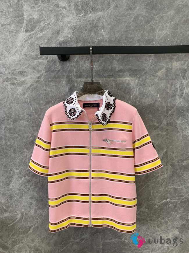 Uubags | Louis Vuitton 1AFUAB Collar Detail Striped Knit Top In Pink - 1