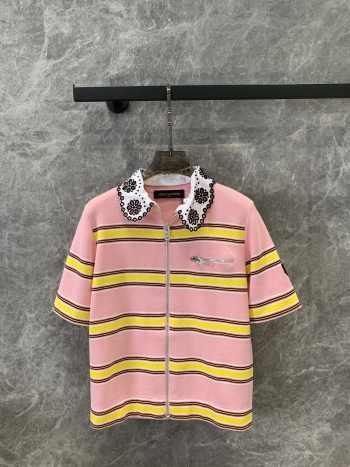 Uubags | Louis Vuitton 1AFUAB Collar Detail Striped Knit Top In Pink