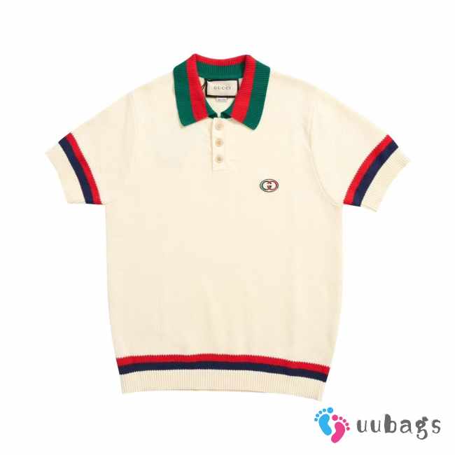 Uubags | Gucci Ivory Knit Cotton Polo T-Shirt With Web Blue and red intarsia for men - 1