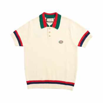 Uubags | Gucci Ivory Knit Cotton Polo T-Shirt With Web Blue and red intarsia for men