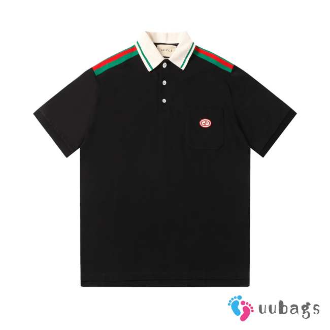 Uubags | Gucci black heavy cotton jersey polo with Interlocking G green and red Web - 1