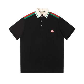 Uubags | Gucci black heavy cotton jersey polo with Interlocking G green and red Web