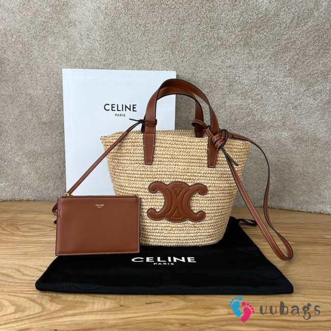 Uubags | Celine Teen Brown Supple Panier In Raffia And Calfskin Blanc De Blanc 21.5x22x13cm - 1