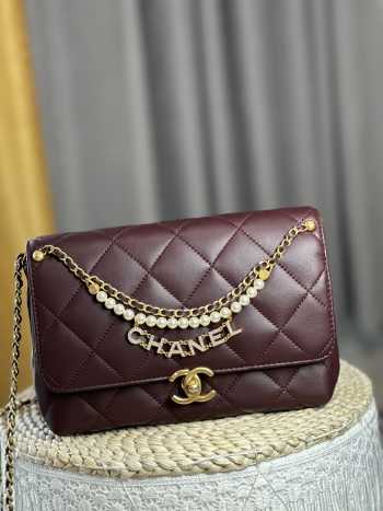 Uubags | Chanel 24A Pearl Chain Flap Bag Burgundy 20x7.5x15cm