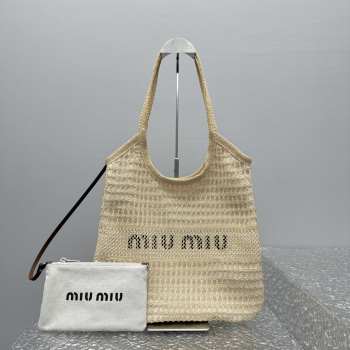 Uubags | Miu Miu Woven fabric and linen mini-tote bag in natural 40x35cm