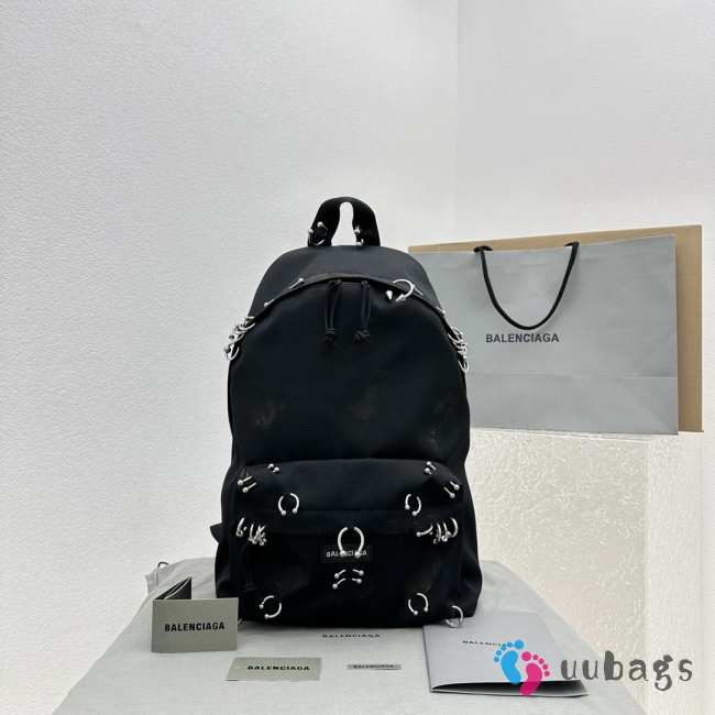 Uubags | Balenciaga Explorer backpack in black washed recycled nylon with piercings 35x47x20cm - 1