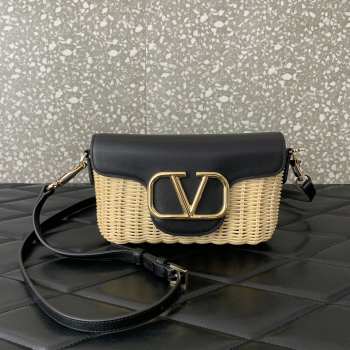 Uubags | Valentino Garavani Two-tone Leather And Raffia Crossbody Bag In Black 22x9x17cm