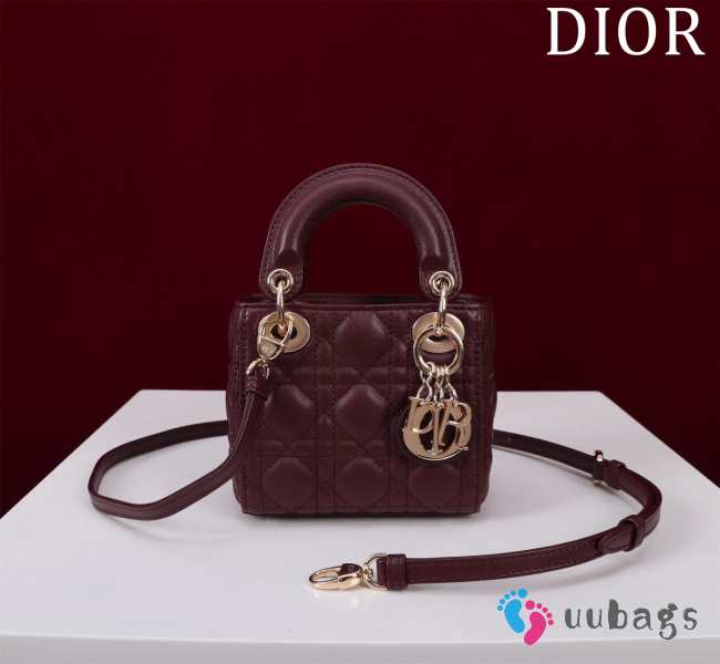 Uubags | Lady Dior Micro Burgundy Lambskin Leather Bag 12x10x5cm - 1