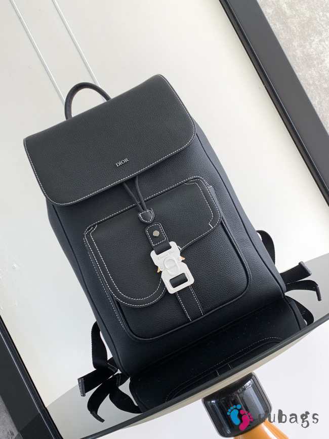 Uubags | Dior Saddle Backpack with Flap Black Grained Calfskin with Contrasting Topstitching - 1