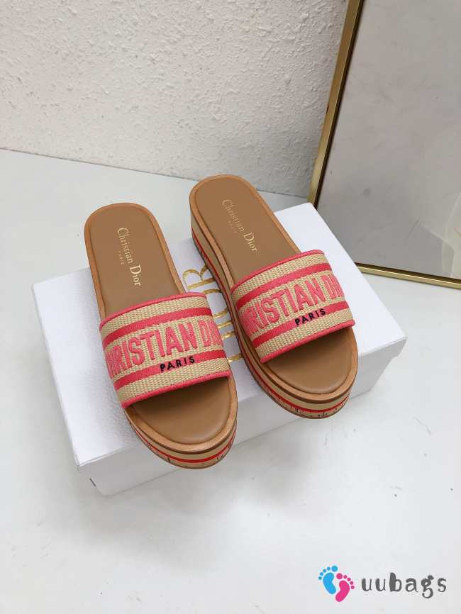 Uubags | Dioriviera Dway Platform Slide Natural Raffia and Candy Pink Embroidered Cotton 4.5cm - 1