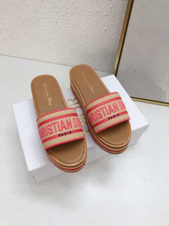 Uubags | Dioriviera Dway Platform Slide Natural Raffia and Candy Pink Embroidered Cotton 4.5cm