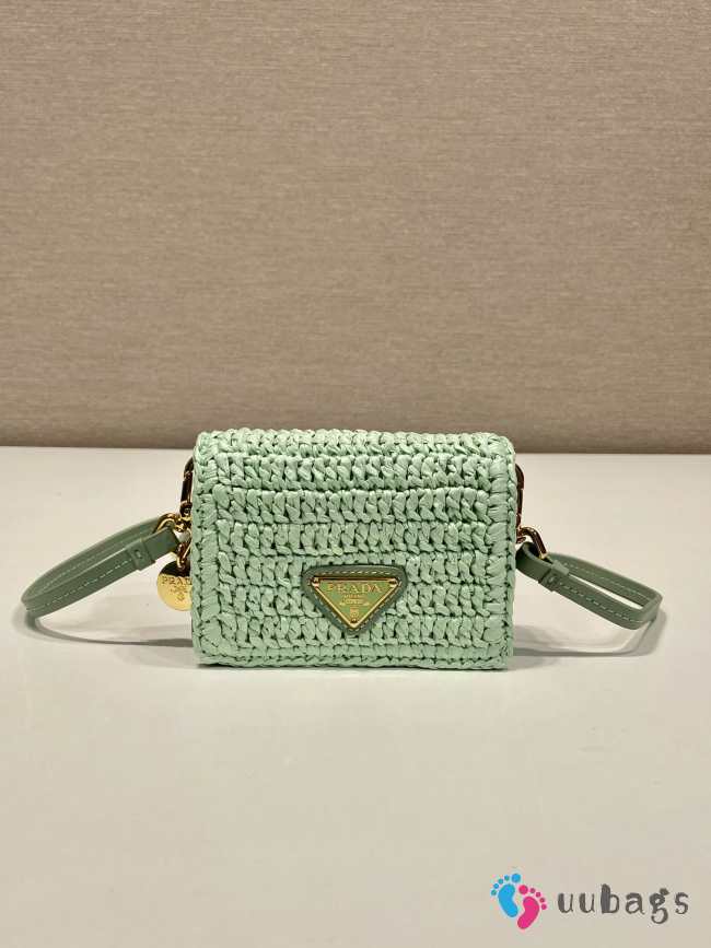 Uubags | Prada Crochet aqua color raffia-effect yarn card holder with shoulder strap 8x11.5x2.5cm - 1