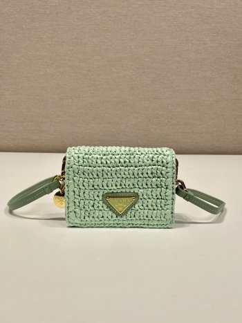 Uubags | Prada Crochet aqua color raffia-effect yarn card holder with shoulder strap 8x11.5x2.5cm