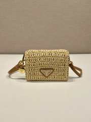 Uubags | Prada Crochet natural color raffia-effect yarn card holder with shoulder strap 8x11.5x2.5cm - 1