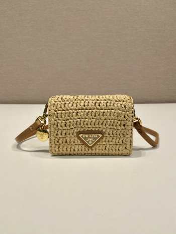 Uubags | Prada Crochet natural color raffia-effect yarn card holder with shoulder strap 8x11.5x2.5cm