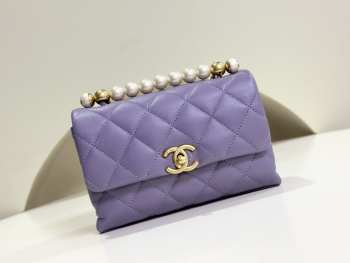 Uubags | Chanel Mini Flap Bag With Handle Shiny Lambskin, Faux Pearls & Gold Metallic Purple 13x19x7cm