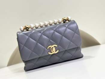 Uubags | Chanel Mini Flap Bag With Handle Shiny Lambskin, Faux Pearls & Gold Metallic Grey 13x19x7cm