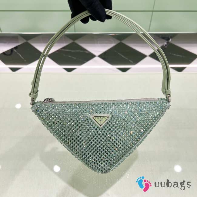 Uubags | Prada Satin Crystal Triangle Pouch In Green 14x5cm - 1