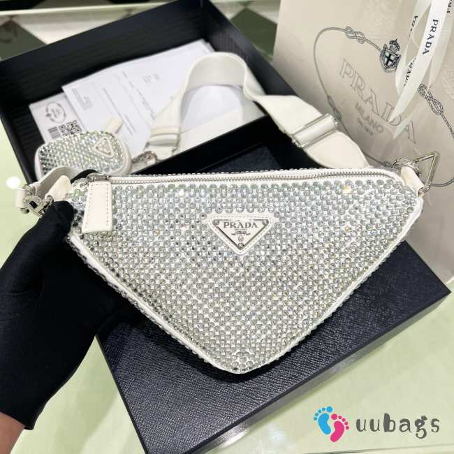 Uubags | Prada Satin Crystal Triangle leather shoulder bag in white 26x14x12cm - 1