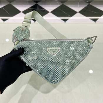 Uubags | Prada Satin Crystal Triangle leather shoulder bag in green 26x14x12cm