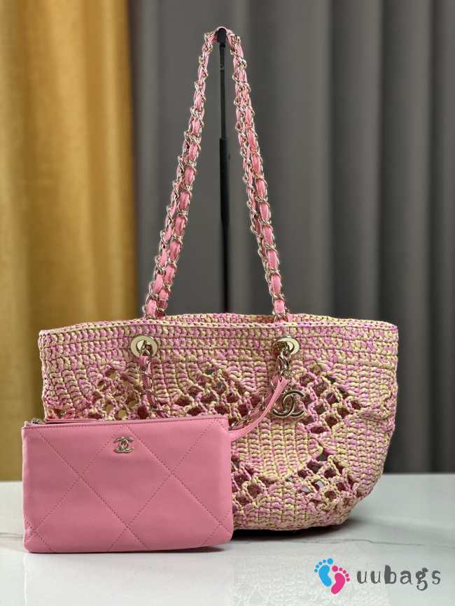 Uubags | Chanel Small Tote Bag Raffia Effect Braided & Gold-Tone Metal Beige & Pink 24.5x32x10cm - 1