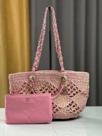 Uubags | Chanel Small Tote Bag Raffia Effect Braided & Gold-Tone Metal Beige & Pink 24.5x32x10cm