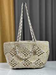 Uubags | Chanel Small Tote Bag Raffia Effect Braided & Gold-Tone Metal Beige & White 24.5x32x10cm - 5