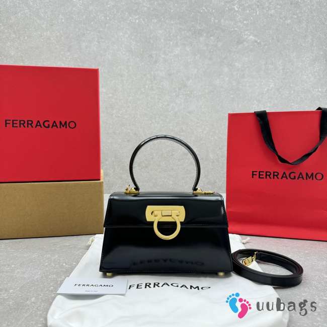 Uubags | Ferragamo Iconic top handle black bag in brushed-off calfskin with a gold Gancini clasp 21x8x12cm - 1