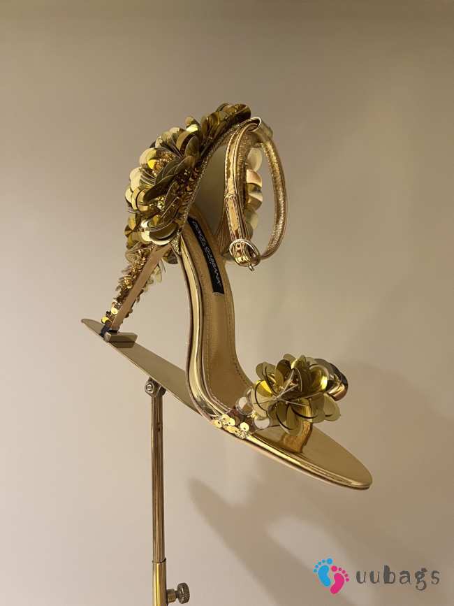 Uubags | Dolce & Gabbana Gold Metallic floral high heels with ankle straps 11cm - 1