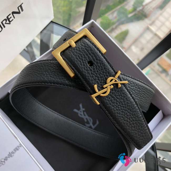 Uubags | YSL Cassandre Belt With Gold Square Buckle In Black Grained Leather 3cm - 1