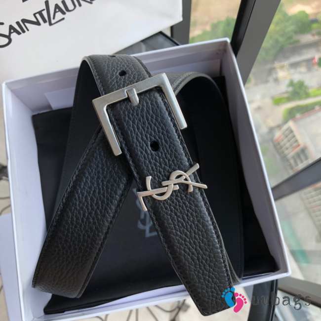 Uubags | YSL Cassandre Belt With Silver Square Buckle In Black Grained Leather 3cm - 1