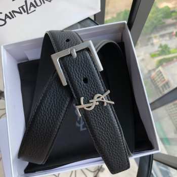 Uubags | YSL Cassandre Belt With Silver Square Buckle In Black Grained Leather 3cm