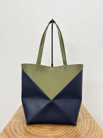 Uubags | Loewe Puzzle Fold large tote bag in olive/abyss blue burgundy shiny calfskin 31x25x14cm