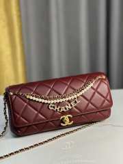 Uubags | Chanel 24A pearl chain baguette bag in red 13x27x5cm - 6