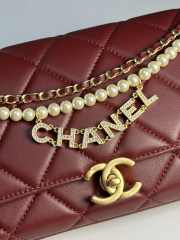 Uubags | Chanel 24A pearl chain baguette bag in red 13x27x5cm - 5