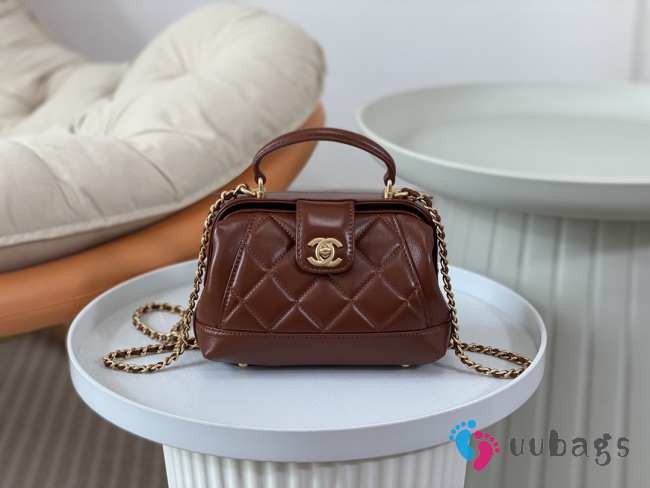 Uubags | Chanel Mini Bag with Handle Shiny Lambskin & Gold Plated Metal Brown 12x18x7cm - 1