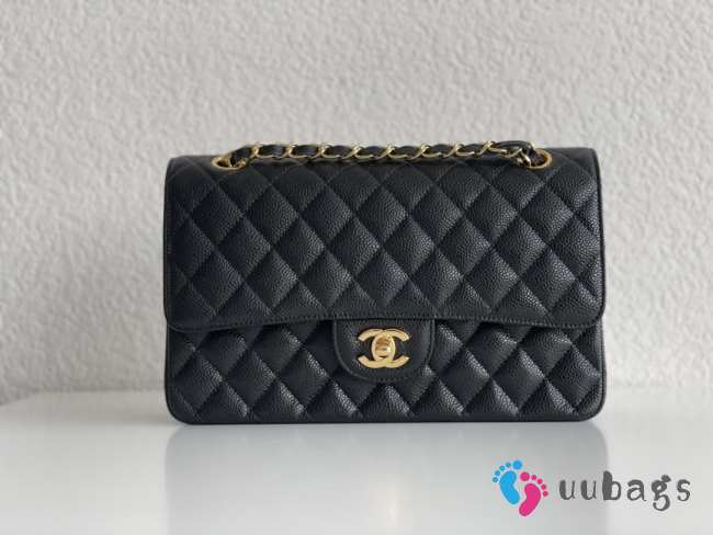 Uubags | Chanel flap bag black caviar leather with gold buckle 25cm - 1