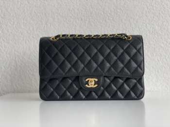 Uubags | Chanel flap bag black caviar leather with gold buckle 25cm