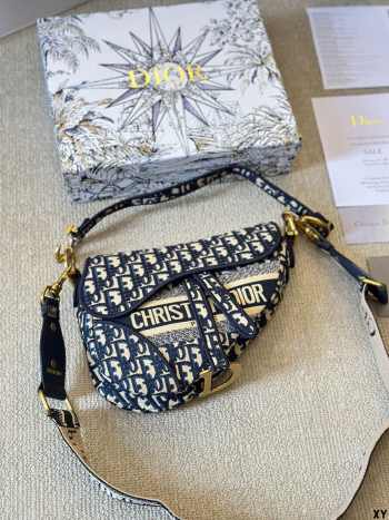 Uubags | Dior Saddle Oblique Embroidery Bag In Blue/Beige 25cm