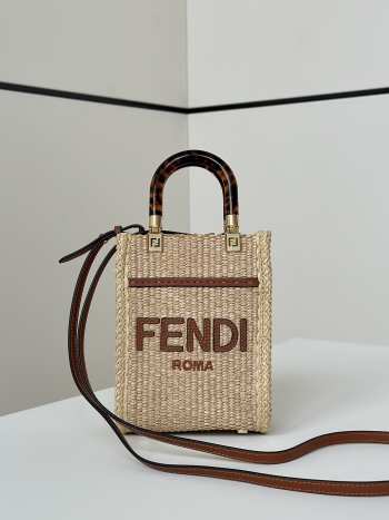 Uubags | Fendi mini Sunshine shopper beige/brown cotton fibre bag 13.5x5.5x18cm